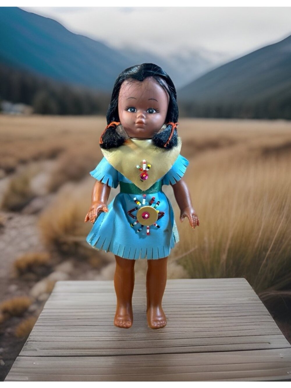 Native American Girl Doll In Blue Leather Tribal Dress 9.5” Plastic No maker